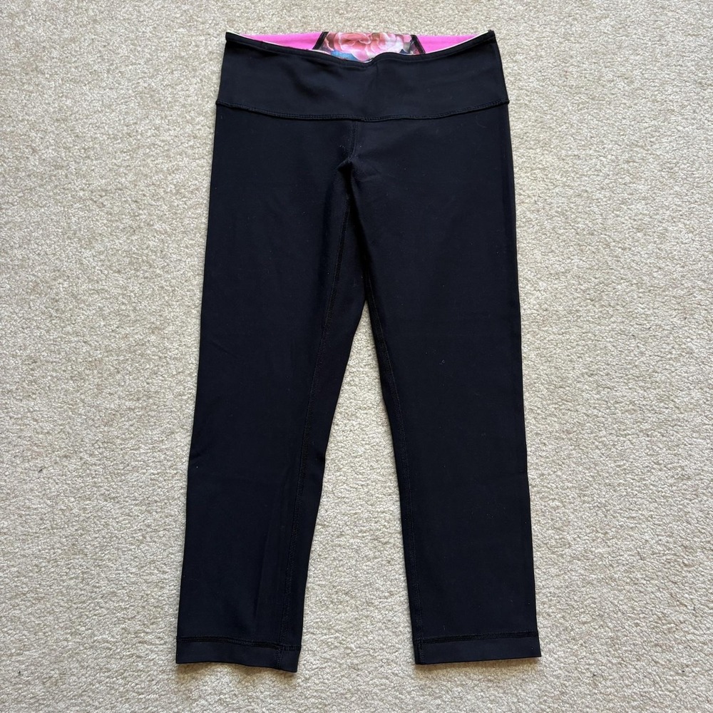 Lululemon Wunder Under Crop Leggings Womens 4 Black‎ Floral Waist Yoga Capri